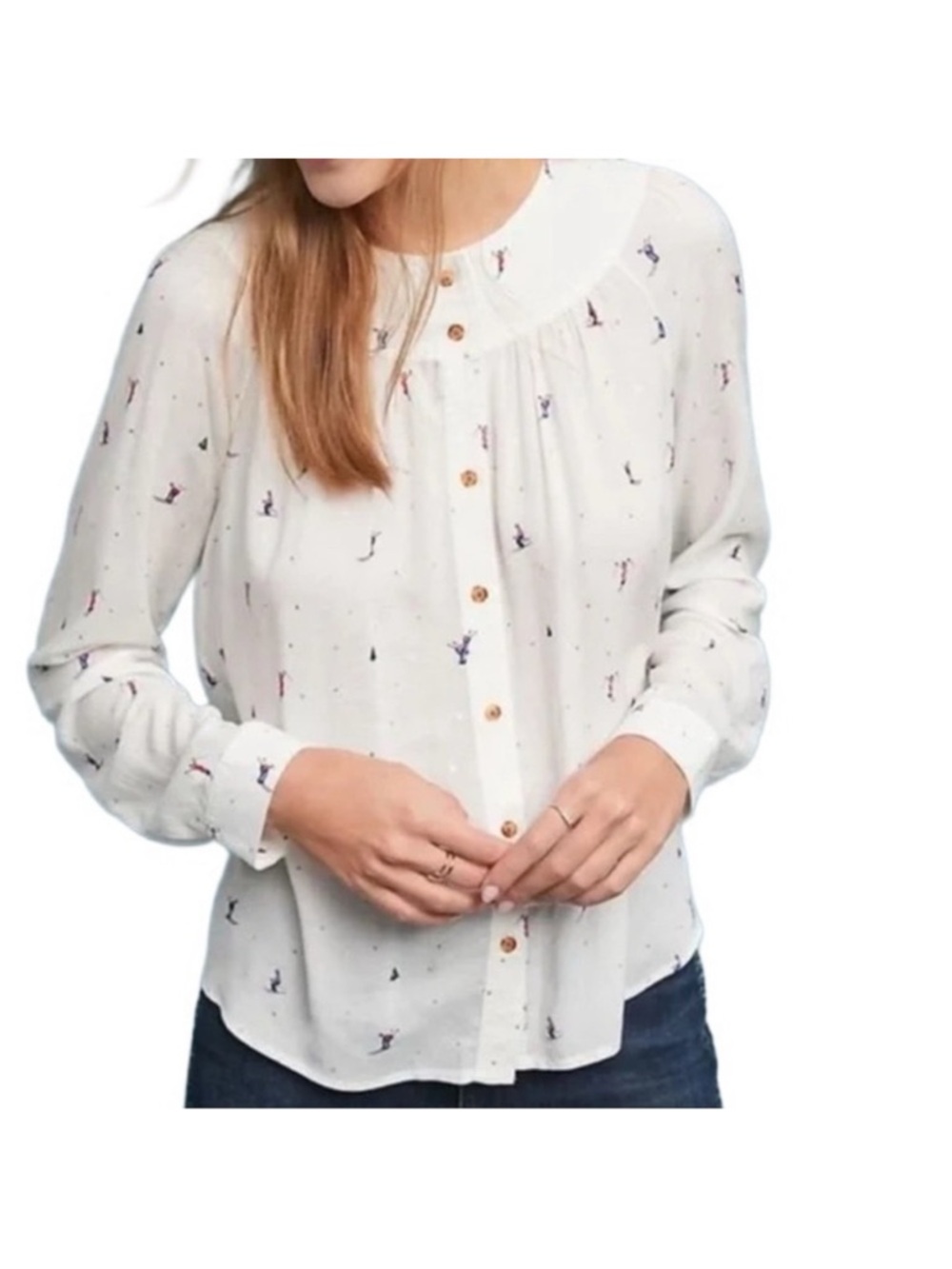 Anthropology 23 of 52 Conversations Winter Ski Print Button Up Blouse Women’s 6